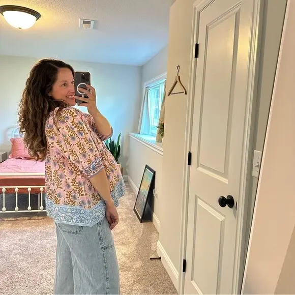 NWT Tuckernuck SZ Blockprints Pink Blue Floral Cotton Oversized Blouse Small - Picture 3 of 14